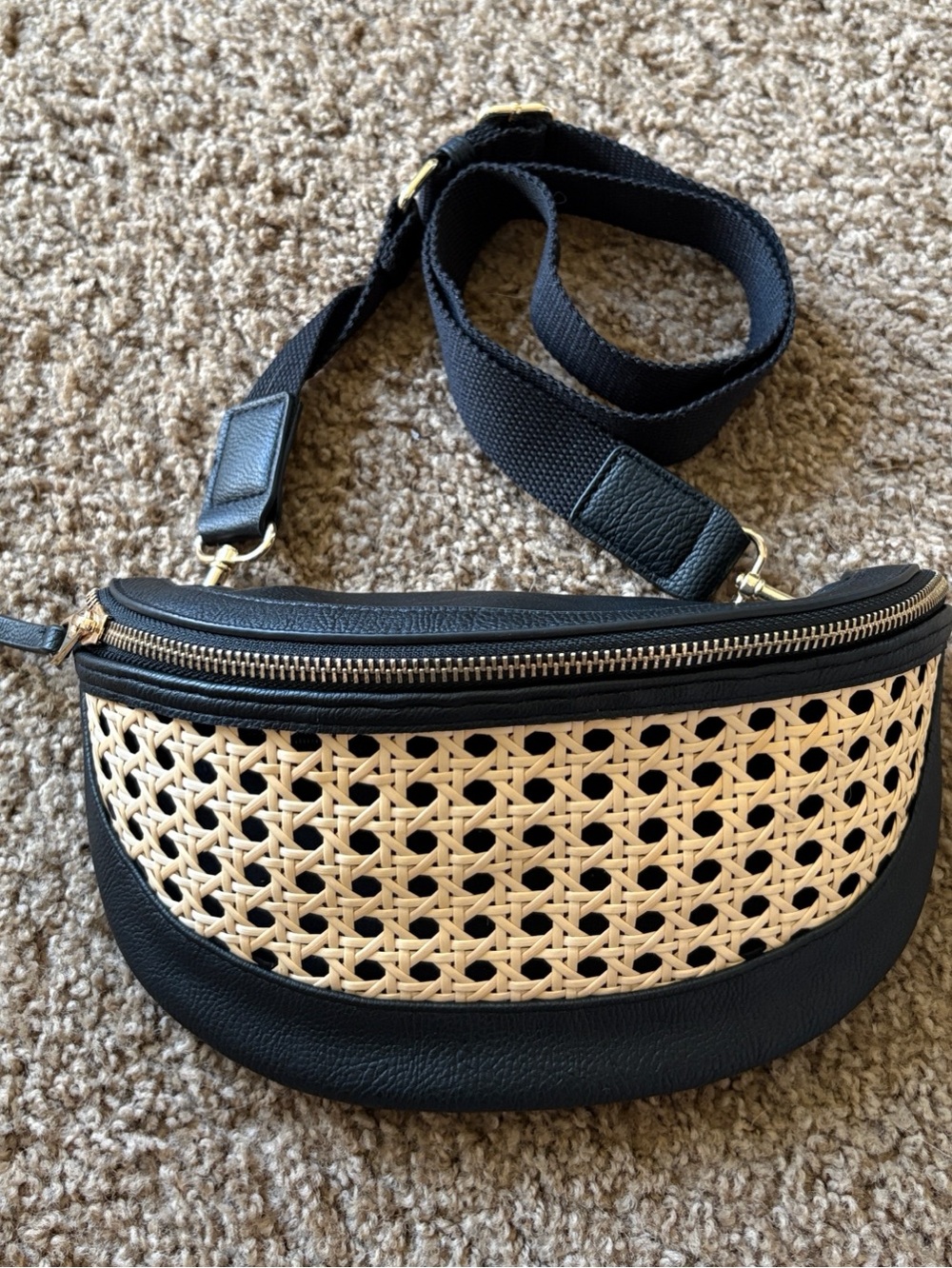 Universal Thread Black with Natural Woven Front Crossbody Sling Belt Bag